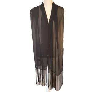 BAAR & BEARDS | Women's black sheer rhinestone accent fringe-hem scarf.